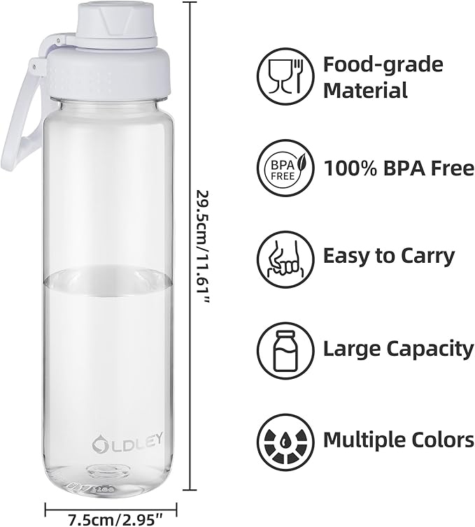 OLDLEY 32 oz Water Bottle, Sports Tritan Water Bottle with Carry Handle and Spout Lid, Leakproof & BPA Free Large Water Bottles for Home,Travel, School, Outdoors, Gym, Transparent