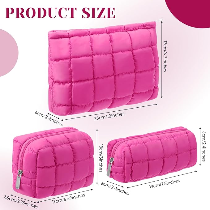 Huhumy 3 Pcs Puffy Makeup Bag Quilted Cosmetic Pouch for Women Cute Checkered Travel Toiletry Bag Puffer Makeup Organizer Purse Pouch Preppy Pencil Case with Zipper(Hot Pink)