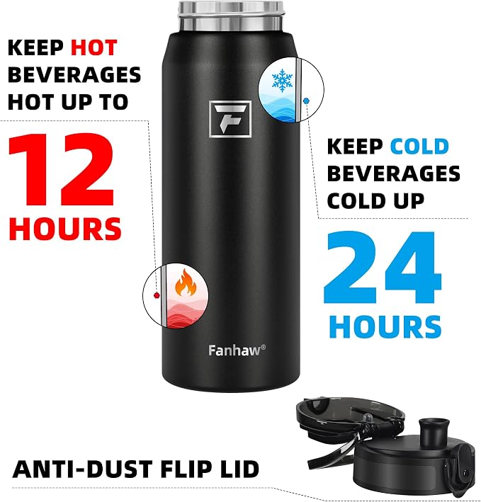 Fanhaw 24 Oz Kids Insulated Stainless Steel Water Bottle with Straw Lid, Leakproof & Anti-Dust Everyday Use Bottle for School, Women & Men, Back to School Essentials (Black)