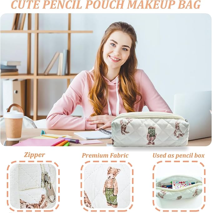 Pencil Pouch Cute Pencil Case Office Storage Bag Holder Box Organizer Aesthetic Bow Flower Pattern Makeup Pouch Cosmetic Bag for Women Girls