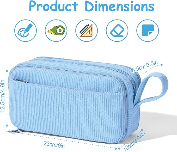 BuyCard Blue Large Capacity Corduroy Pencil Case, Casual Style, Zipper Pouch Organizer for Teen Girls, Boys, Women and Men