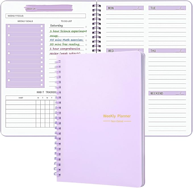 Undated Weekly Planner Purple A5 Personal Goals Journal Non Dated Kids Weekly Planner to Do List with Goal Habit Tracker Organizer, Cute Undated Week Planners with Spiral Binding for Kids School Work