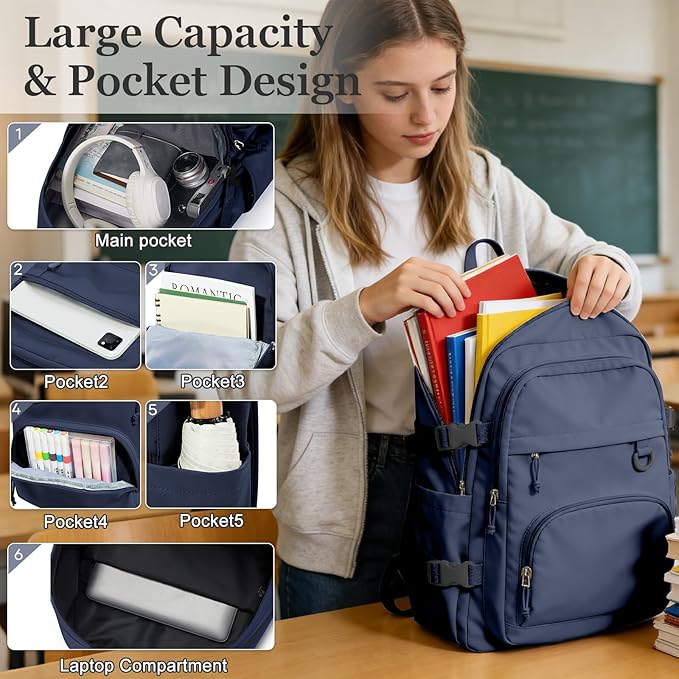 Lightweight College Backpack for Women Men Cute School Bag for Teens Girls Boys High School Backpack for Students Waterproof Casual Daypack Backpack（Dark Blue）