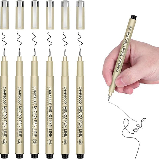 XS Micro Pen, 6 Pack Black Fine Point Pen with Waterproof Archival Ink, 1-2mm Fineliner Ink Pens for Artist Illustration, Sketching, Anime, Manga, Technical Drawing and Scrapbooking-XS