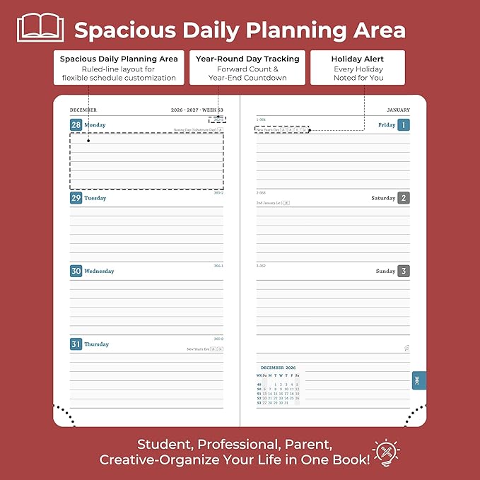 Planner 2026-2027 Daily Weekly and Monthly,6.5"x3.75",18 Months Spiral Bound Calendar Agenda with Self-adhesive Pen Holder,2026 Academic Plan with Vegan Leather Soft Cover,Red