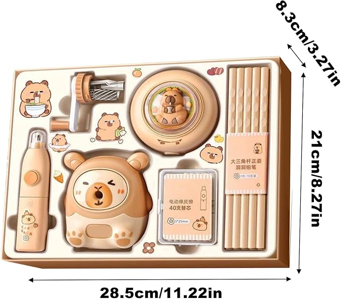 Capybara Stationery Set, Kids Stationery Kit, Colorful School Supplies for Students, Electric Eraser Pencils, Animal Pencil Sharpener, Homeschool Classroom for Elementary and Middle School