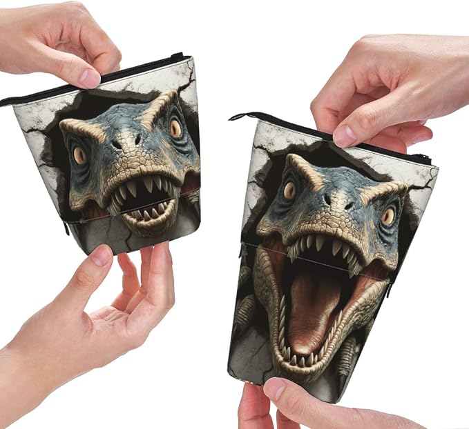 Dinosaur Kids Standing Pencil Case Girls Boys Telescopic Stationary Pouch with Zipper Large Capacity Stand up Pen Bag Portable Makeup Holder for Children School Students Office Supplies