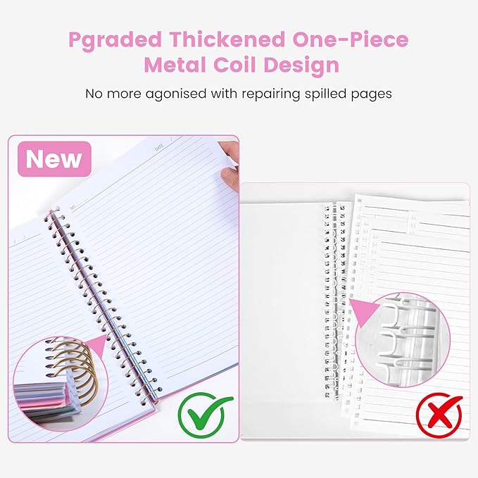 CAGIE Small Spiral Notebooks with Removable Dividers Tabs, 5 Subject Notebook College Ruled, A5 Notebooks for School Work with Plastic Cover, Back Pocket, Spiral Bound, Pink