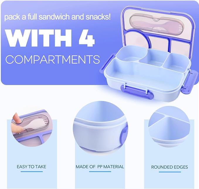 Bento Box for Adults, 4 Compartments Lunch Box, Lunch Containers, Blue