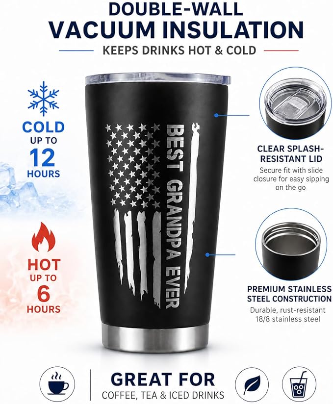 CYYFXKY Best Grandpa Ever 20oz Stainless Steel Tumbler, USA Flag Funny Nutrition Facts Insulated Travel Mug, Fathers Day Birthday Gift for Grandpa Men