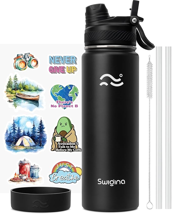 Swigina Insulated Water Bottle with Silicone Boot (36hrs Cold/18hrs Hot) - DIY Stickers, Leakproof, BPA Free, Black, 24 oz [2-IN-1 LID]