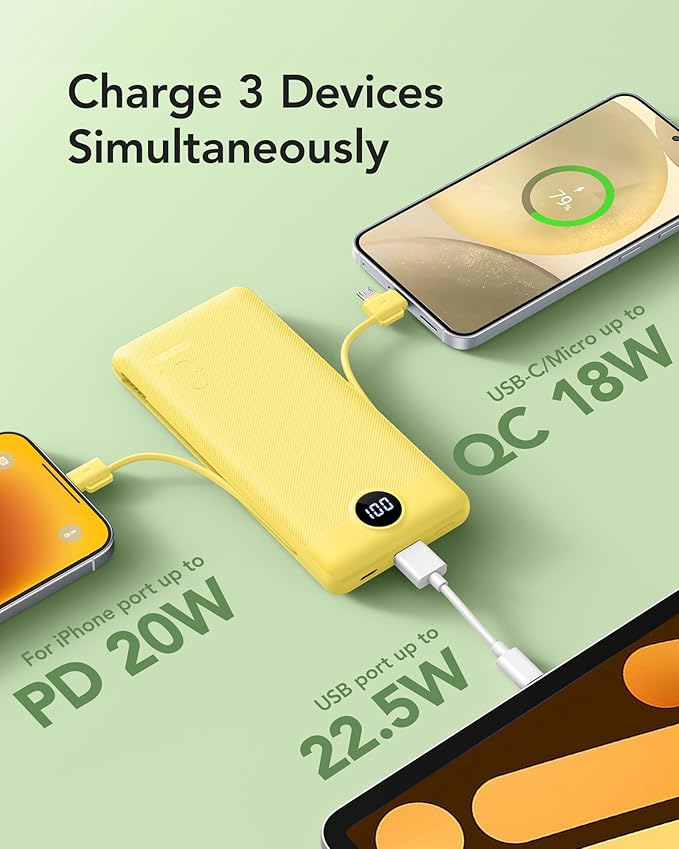 VRURC Portable Charger Power Bank - 10000mAh Fast Charging 22.5W PD 20W Slim Portable Charger Built in Cables Power Bank with Cords,USB C Portable Phone Charger Travel Accessories -Yellow