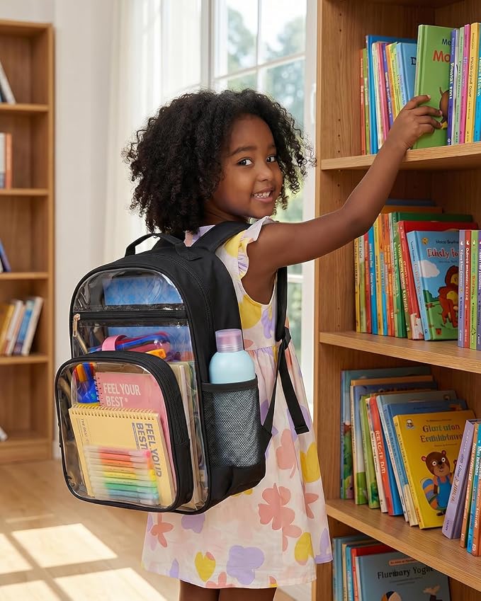 Soimeat Clear Backpack for Girls Boys - Kids Clear Bookbag - Fabric & PVC Transparent Backpacks for Elementary School, Black