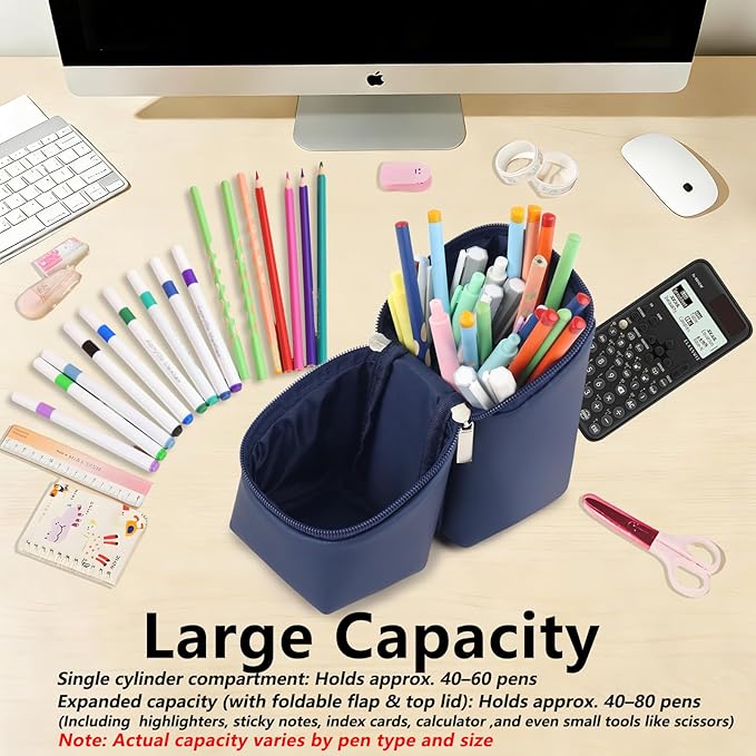 Standing Aesthetic Pencil Case Pouch Large Capacity Preppy for Teen Girls,Double Zipper with Handle Multi Compartments Organizer Navy Blue