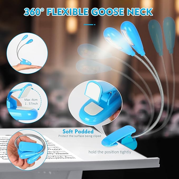 Music Stand Light, Clip on LED Book Lights, USB and AAA Battery Operated, Reading Lamp in Bed, 4 Brightness Levels, Ideal for Musician, Piano Player, Travel (Dual Arm, Blue)