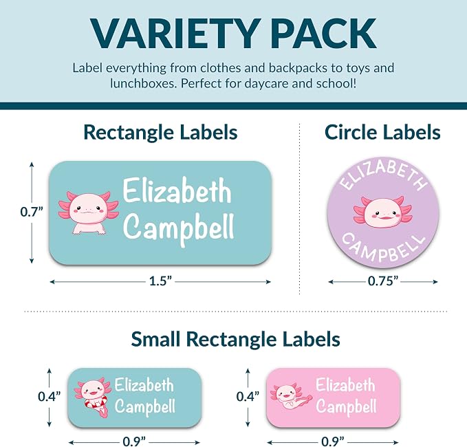 Personalized Waterproof Name Labels for Kids | Optional Packs 50, 150, 230 Labels | Custom Name Stickers for Kids' Clothing Tag, Water Bottle, Lunch Box, Customize Kid Name Label for Daycare Axolotl
