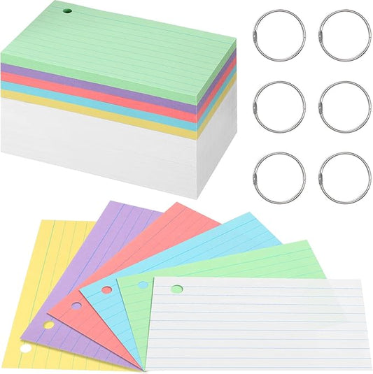 Epakh 300 Pieces Lined Index Cards 180 GSM Thick Flash Cards with Rings Notecards Punched Back to School for Studying Adults Home College Office(3 x 5 Inch,Light Color)