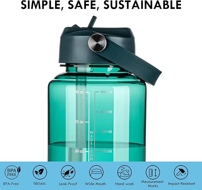 OLDLEY 32 oz Clear Water Bottle with Straw,Tritan BPA-Free, Wide Mouth, Leak Proof - for Gym, Travel, Home, School, Office (Lagoon)