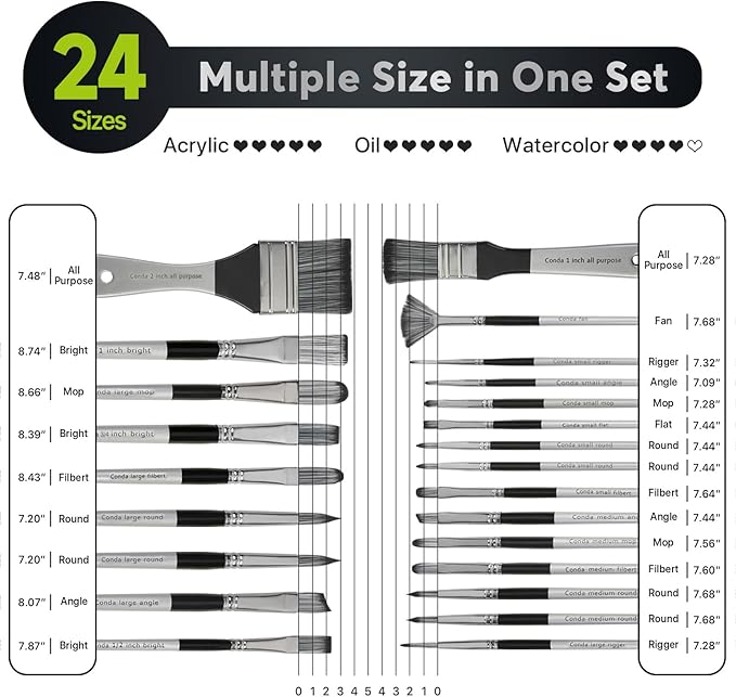 Paint Brushes Set of 24 Pieces, CONDA Different Shapes Wooden Handles Brushes with Art Brush Case, Professional Artist Brushes for Oil, Acrylic Canvas Watercolor Painting Craft