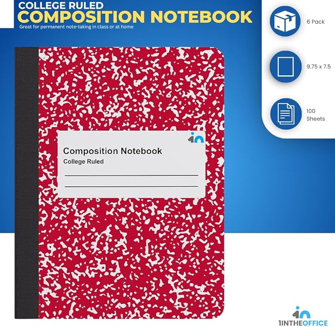 1InTheOffice College Ruled Composition Notebook, Hard Cover Notebook, Marble Composition Notebook, 7.5" x 9.75", 100 Sheets, Assorted colors, 6 Pack