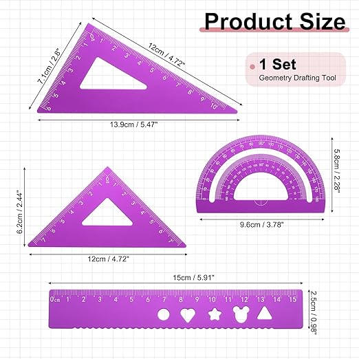 PATIKIL 4 Pcs Geometry Drafting Tool, Aluminum Alloy Geometry Kit Math Tool Includes 15cm L Ruler Protractor Triangles for Drafting Angle Measure Simple Science Experiment, Purple