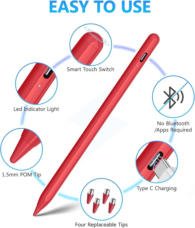 DRYMOKINI Stylus Pen for Touchscreen, Active Stylus Pen Compatible for Android and iOS Tablet/Phones, Rechargeable Universal Stylist Pencil Compatible for A-pple/i-Pad/Phone Tablet, Red