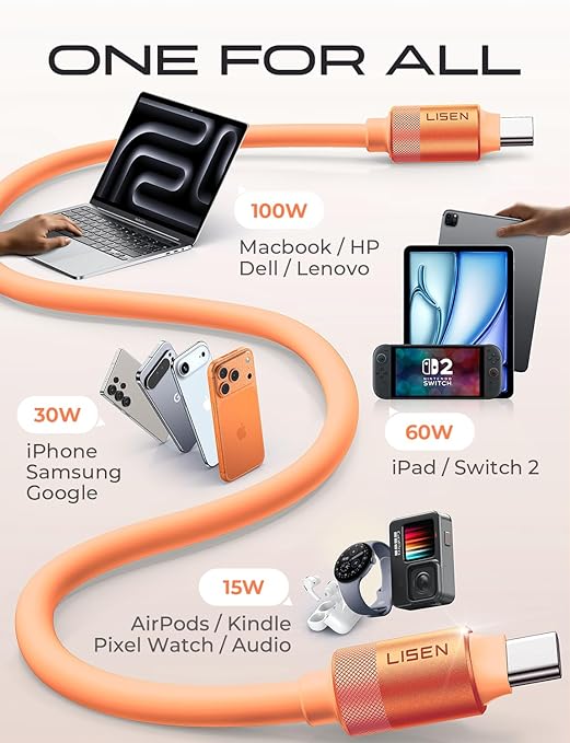 LISEN 10FT USB C Cable Fast Charging, Chubby 240W Cable USB C to USB C Fast Charging Soft Silicone USBC to USBC Parallel Cable for iPhone 17 Pro Max 16 15 Samsung S25 Ultra MacBook Pro Air iPad Orange