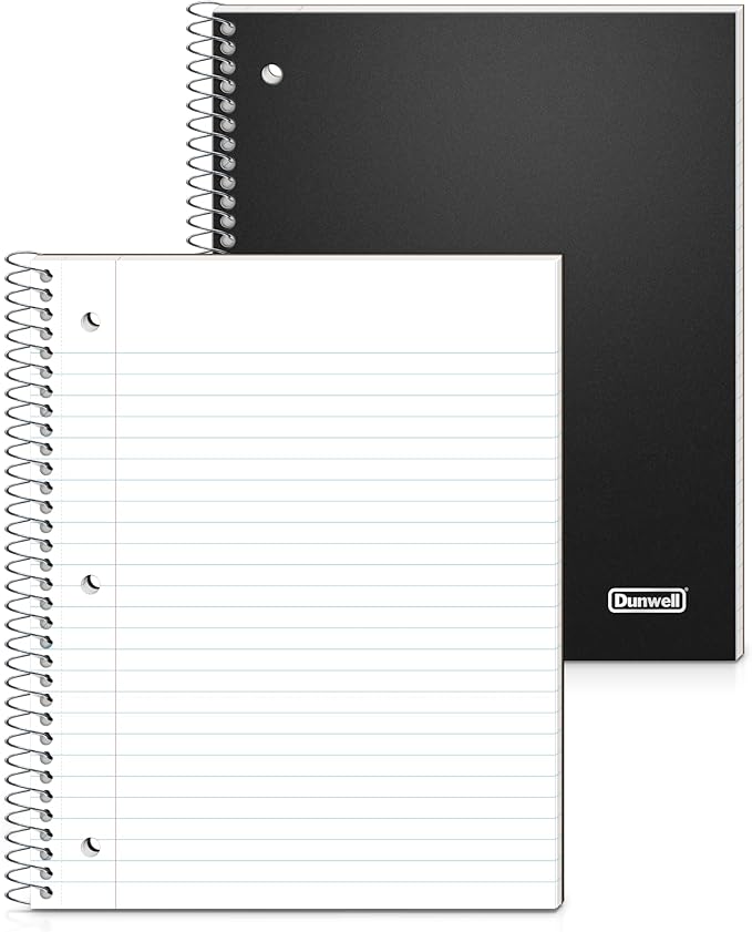 Dunwell 1 Subject Notebook, Plastic Cover, 80 Sheets, Spiral Notebook, Wide Ruled 8x10.5 Paper, 3-Hole Punched Tear-Off Pages, Divider with Pockets