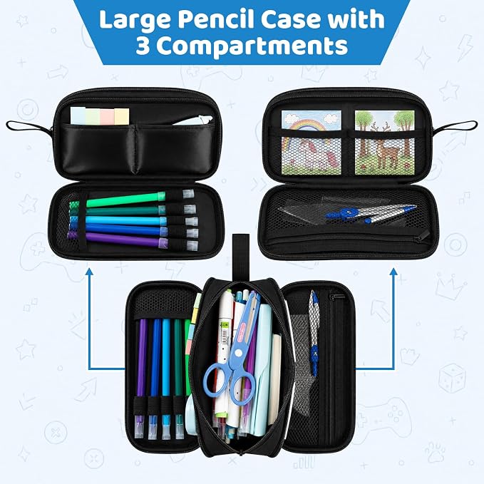 Game Controller Pencil Case for Boys Kids Teens, Large Capacity Pencil Pouch with 3 Compartments, 7 Pockets and Label Pocket for School College Office Travel (Gray)