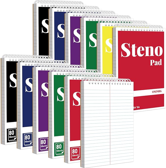 OSIMIG 12 Pack Spiral Steno Pads 6" x 9", Gregg Ruled Steno Pad, 80 Sheets