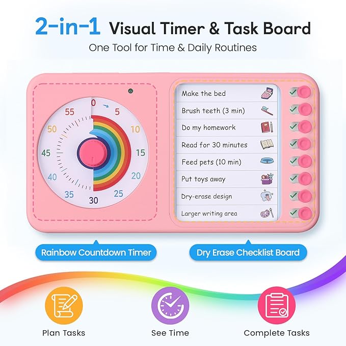 2-in-1 Visual Timer with Task Board for ADHD & Autism, Dry Erase Chore Chart and Visual Schedule for Kids & Adults, Rainbow Countdown Timer for Classroom, Home, Homeschool (Pink)