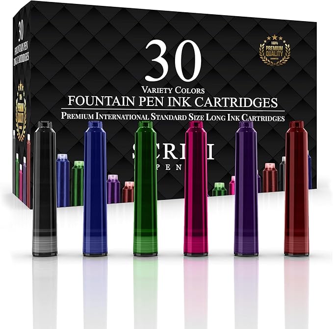 SCRIVI PENS Fountain Pen Ink Refills - Set of 30 Assorted Ink Cartridges - International Standard Size - Length APPR 2.04 Inch - Base Diameter APPR 0.24 Inch - Disposable and Generic