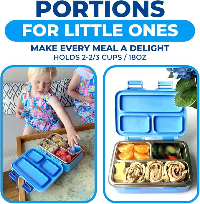 kinsho Small Stainless Steel Lunch Box for Baby Toddlers, Blue Cute Monster | Mini Bento, 3 Eco Metal Portion Sections, Silicone Seals, Leakproof Lid, Spill-Proof Boys Meal Container Daycare Pre-School