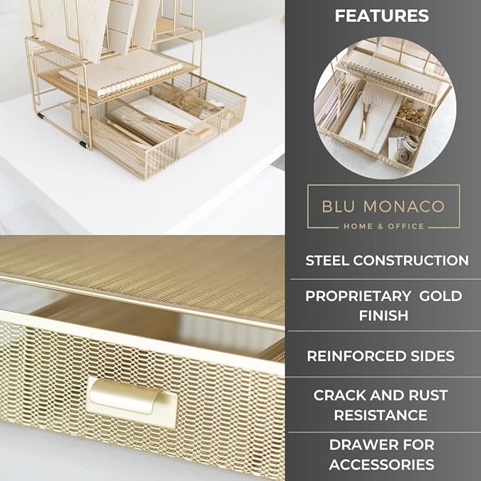 BLU MONACO | Gold Desk Organizer With Drawer | Metal Mesh File Holder & Vertical File Organizer | Desktop Storage for Office Supplies, Papers & Folders | 9.3" D x 13" W x 14" H