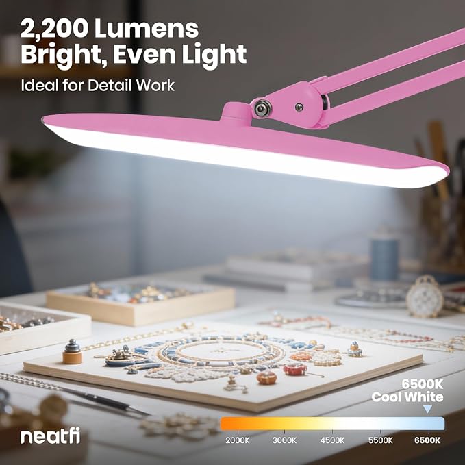 Neatfi XL 2200 Lumens 24W LED Desk Lamp – Shadow-Free Task Lighting | 4-Level Dimming | Home Office & Crafts Use | 20-Inch Wide Head (Pink, Non-CCT with Clamp)