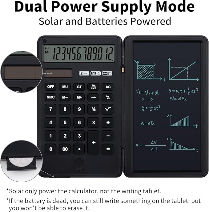 Desk Portable Calculator with Notepad and Stylus, Large Basic Calculator, Solar Power, 12 Digit Large Display Multi-Function for Office, School, Home & Basic Financial (Black)