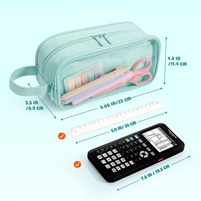 SUNEE Large Capacity Pencil Case with 3 Compartment, Extra Big Pencil Pouch, Pencil Bag with Clear Window, Pen Case School Supplies for Teens Adults Girls Boys, Mint Green