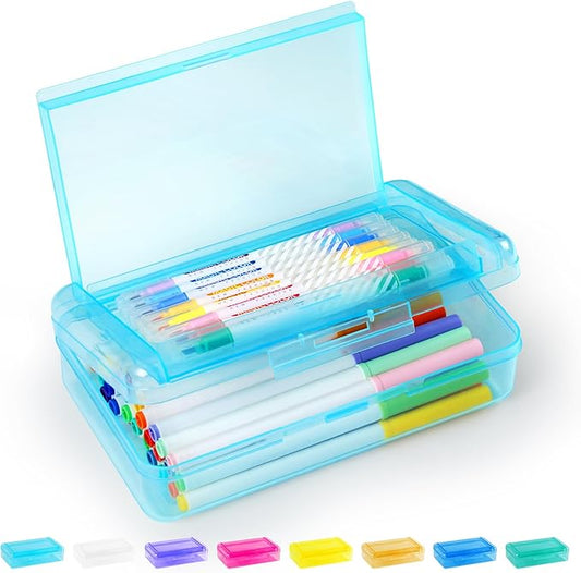 Sooez Double Layer Pencil Box, Large Hard Pencil Case Organizer, Clear Plastic Crayon Box for Girls and Boys, Colored Marker Organizer, Small Plastic Containers/Bins with Lids, Art Supply Storage