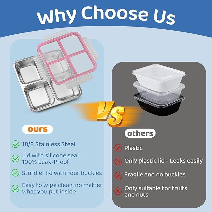 3 Pack Stainless Steel Reusable Snack Containers with Lids, 4 Compartment, Leakproof, 24.5 oz Food Storage & Meal Prep Containers, Bento Lunch Box for Adults,Men,Women(Pink)