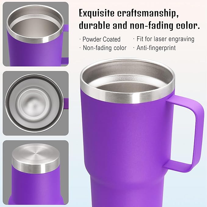 20 oz Tumbler with Handle and Lid, Stainless Steel Tumbler Insulated Travel Coffee Mug, Spill Proof Double Wall Vacuum Tumbler Cup Keep Drink Hot & Cold, Purple, 6 Pack
