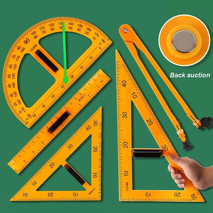 5PCS Magnetic Geometry Set, 60°45°Triangle Ruler Protractor Compass Set with Non Slip Handle, Large Geometry Ruler Drawing Tools for Teachers on Whiteboard Math Classroom