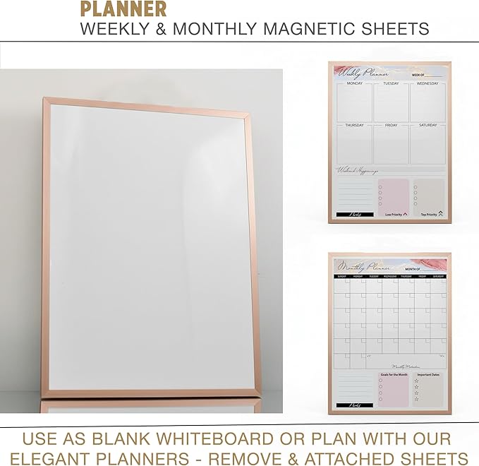 Magnetic Dry Erase Board 12x16 with Foldable Stand, Portable Rose Gold Desktop Whiteboard for Home, Office, School & Kitchen, Includes Weekly & Monthly Magnetic Planner Sheets