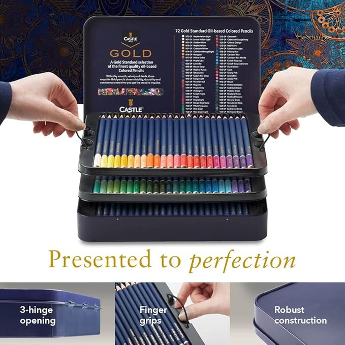 Castle Art Supplies Gold Standard 72 Colouring Pencils Set | Quality Oil-based Coloured Cores Stay Sharper, Tougher Against Breakage | For Adult Artists, Colourists | In Presentation Tin Box