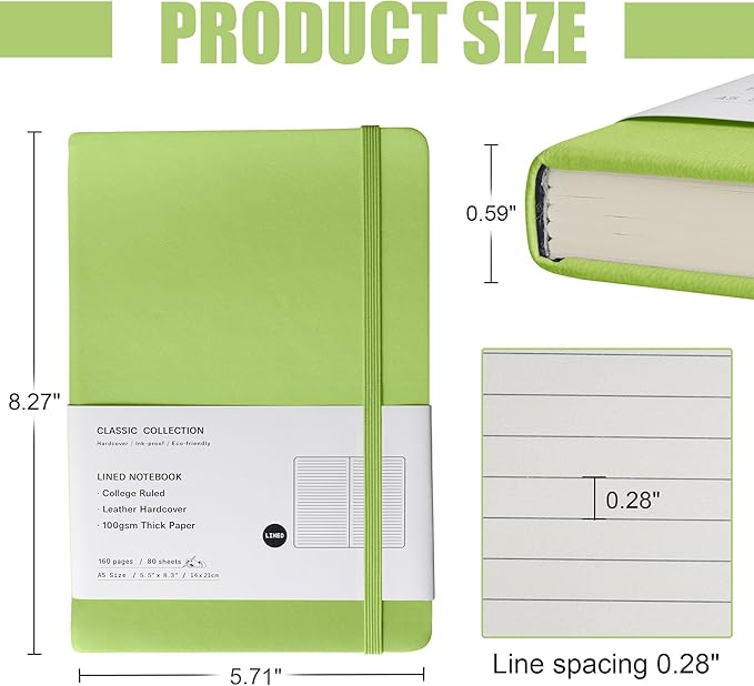 Lined Journal Notebook, 10Pack Hardcover Notebook for Men & Women – Journals for Writing, Work, School, Home & Daily Notes, 160 Pages – Medium A5, 5.7"x8", 100 gsm Thick Paper (Grass Green)