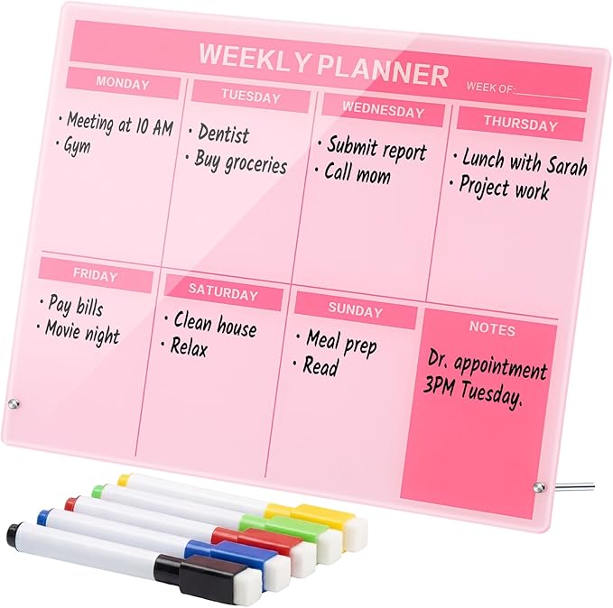 Desktop Acrylic Weekly Planner Board Acrylic Calendar Dry Erase Board with Stand to Do List Planner Boards with Daily Schedule and Markers for Family Home Office(Pink)