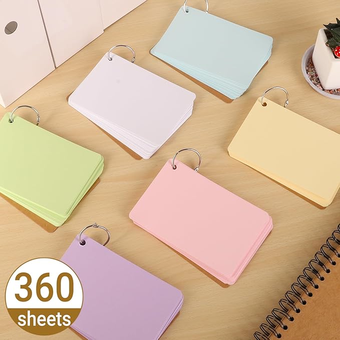 zmybcpack 6 Pack Blank Index Cards 4 x 6 Inches, 360 PCS Colored Blank Index Flashcards Blank Flash Cards with Rings, Note Cards Punched for Study, Office and Home