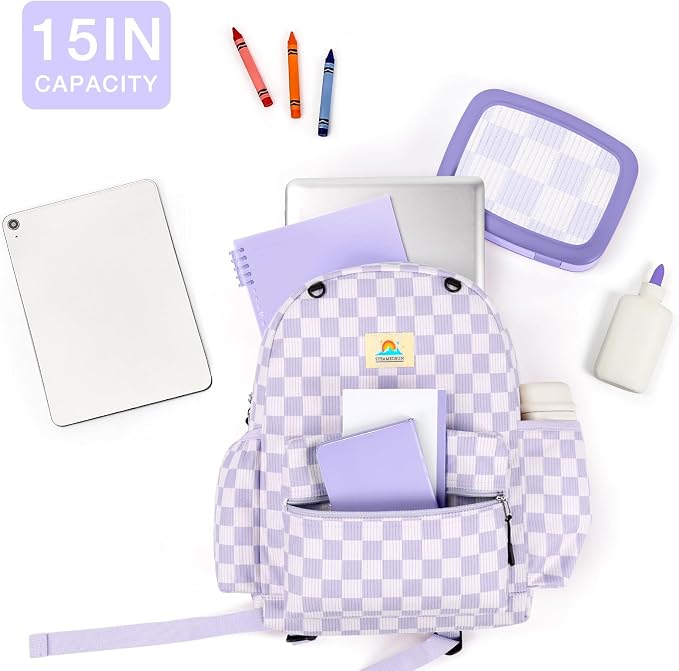 STEAMEDBUN Corduroy Kids Backpack for Girls and Boys 5-8: Girls Backpack for Elementary Kindergarten - 15 inch Cute Backpacks for Kids - Checkerboard
