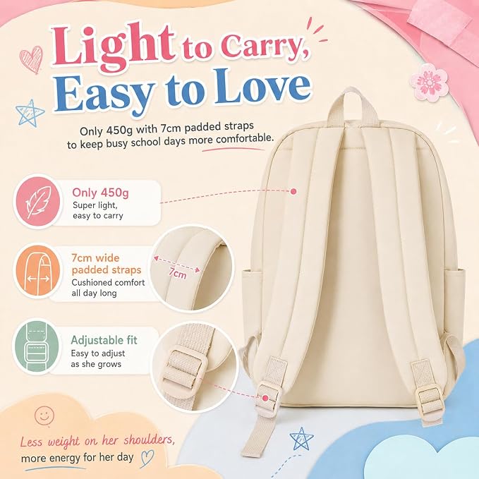 LOIDOU Backpack for Girls School Backpacks Bookbags for Elementary Middle School Women Laptop Backpacks (Pure Beige, L-17)