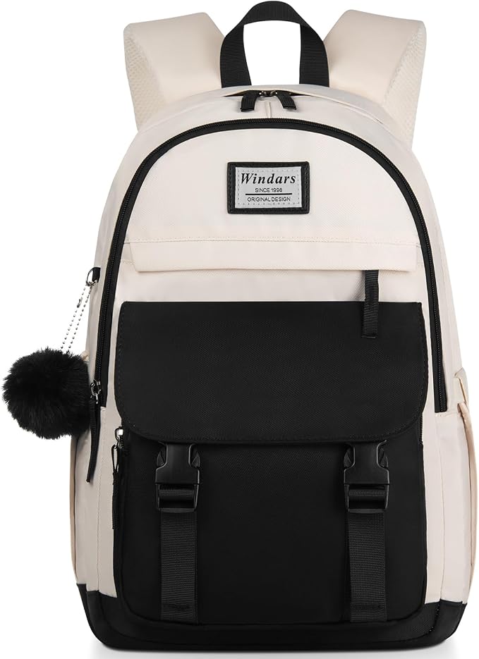 WINDARS School Backpack for Teen Girls, Cute College Backpacks for Women Students Aesthetic Bookbag Large 17.3 Inch Laptop Bag Middle School Travel Back Pack (Black Beige)