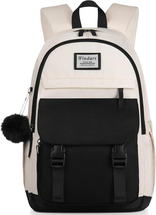 WINDARS School Backpack for Teen Girls, Cute College Backpacks for Women Students Aesthetic Bookbag Large 17.3 Inch Laptop Bag Middle School Travel Back Pack (Black Beige)